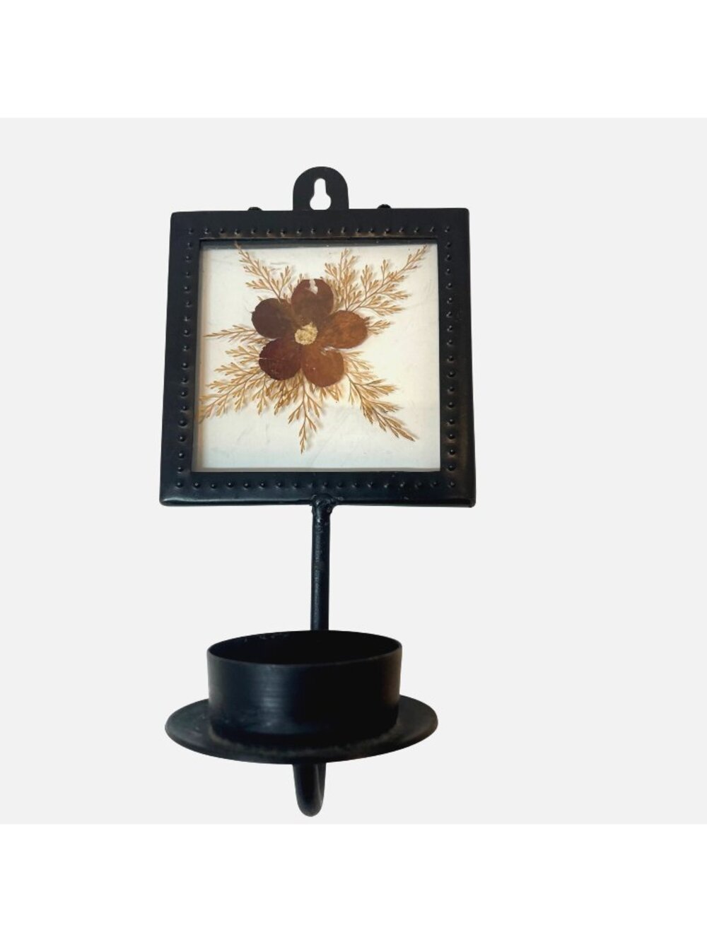 Pressed Flower Wall Sconce Candle Holder With Black Metal Frame And Glass Panel